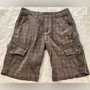 ROCK REVIVAL EMBROIDERED CONTRAST STITCHING PLAID KHAKI CARGO SHORTS SIZE 34